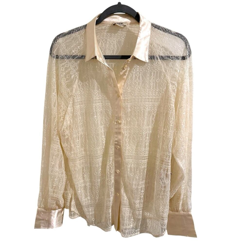 Jason Wu Unconventional Lace Button Front Shirt Satin Detailing Ivory, size M